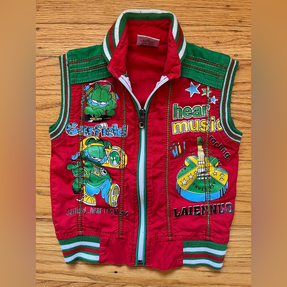 Vintage Garfield baby infant toddler red green varsity zip up vest 24 months-2T